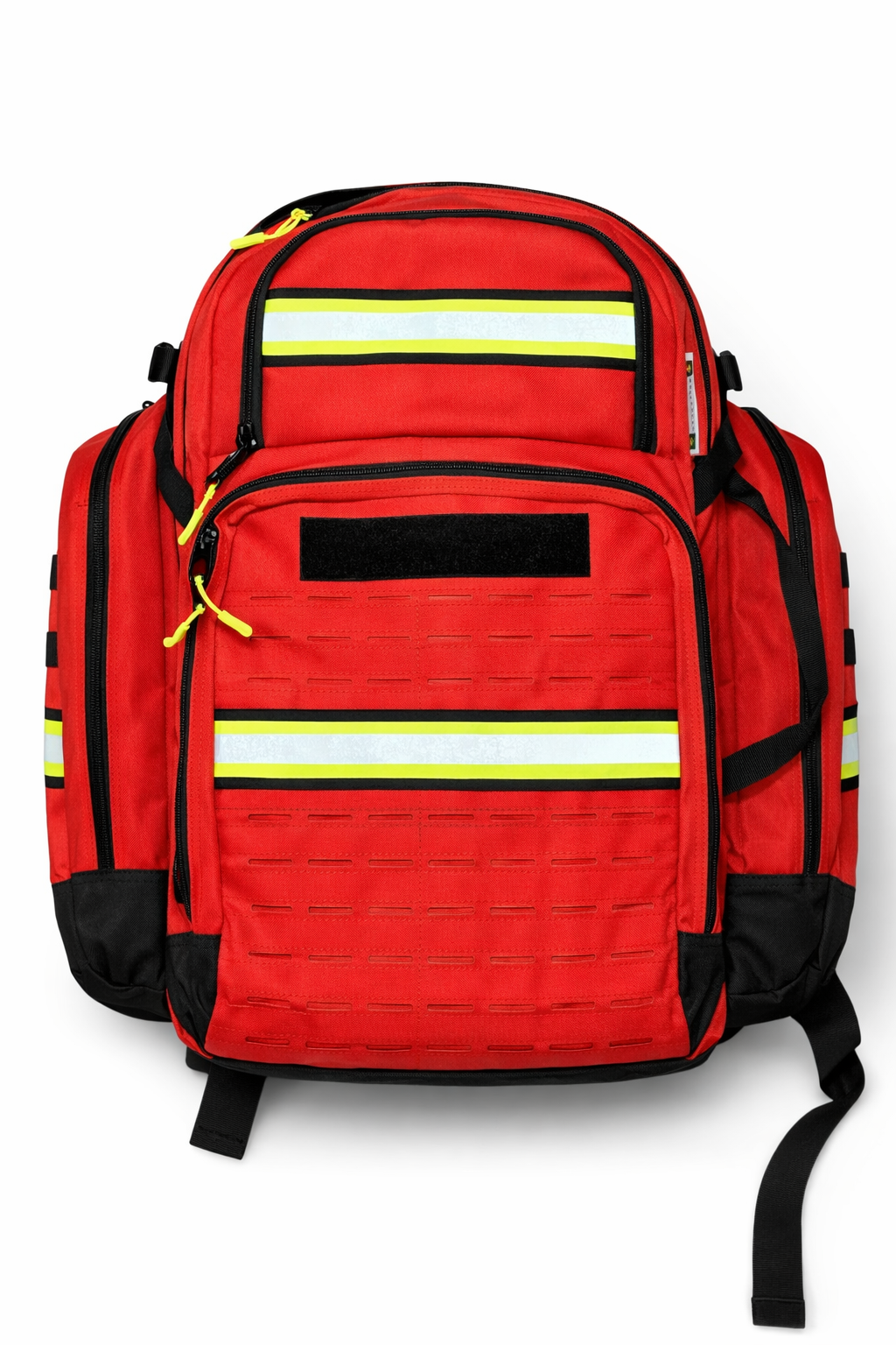 Red emergency backpack with reflective stripes on a white background