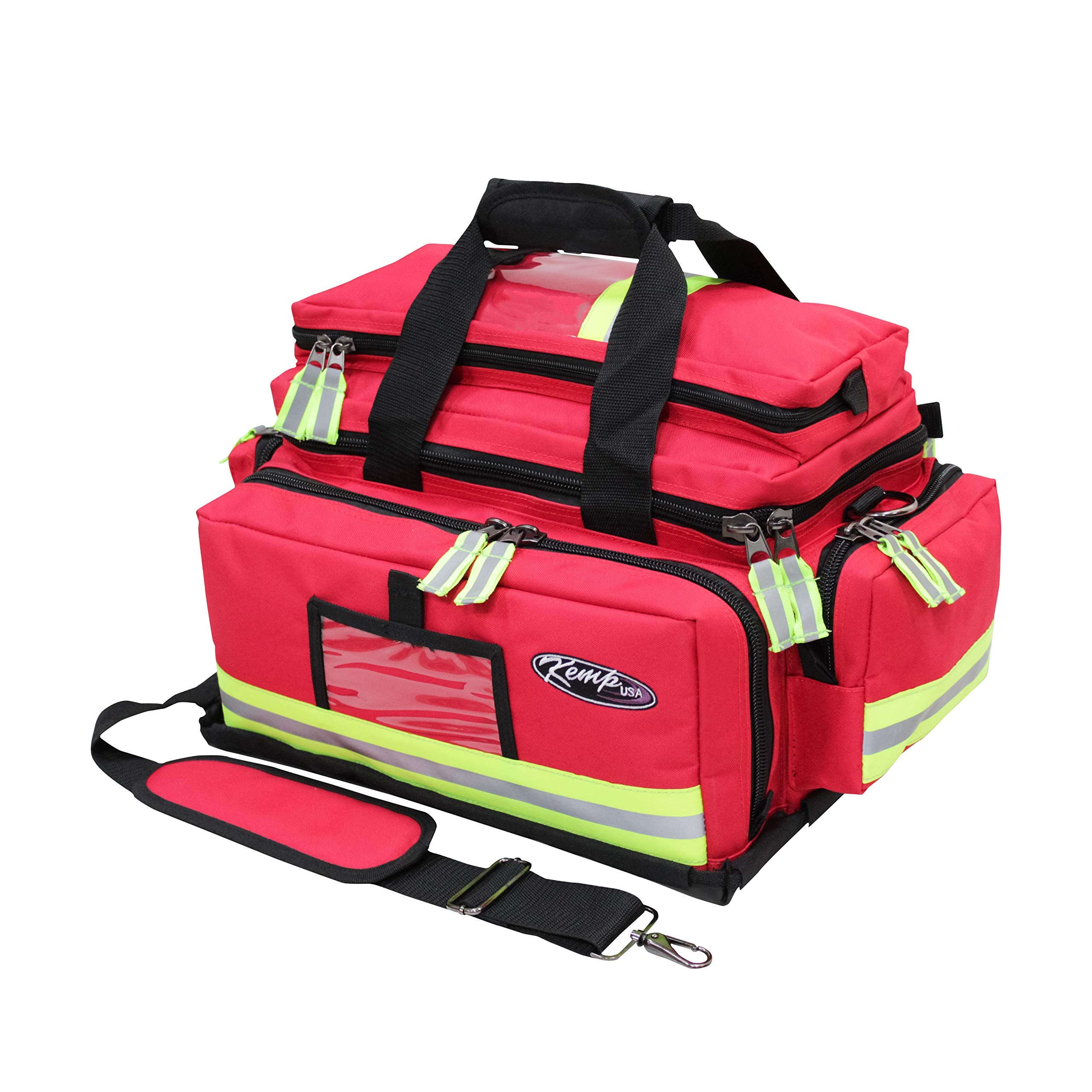 Red Kemp USA large professional trauma bag with high-visibility reflective strips, multiple zippered compartments, clear ID window, padded shoulder strap, and durable 600D nylon construction