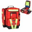Red emergency medical backpack with open compartment showing supplies on a white background