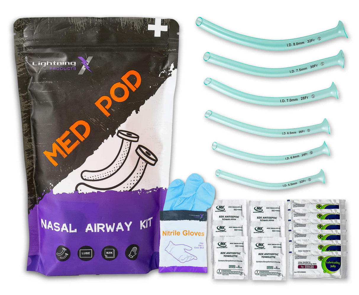 Nasal airway kit with packaging labeled 'MED POD' on a white background