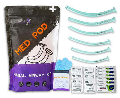 Nasal airway kit with packaging labeled 'MED POD' on a white background