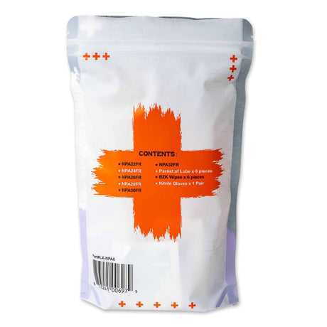 White packaging with orange cross and text on a white background