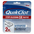 QuikClot packaging with blue and red design on a white background