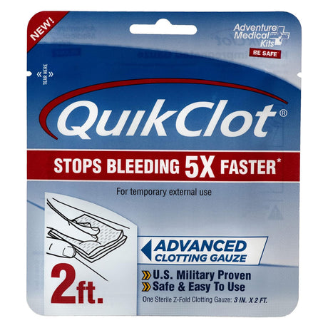 QuikClot packaging with blue and red design on a white background