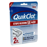 QuikClot packaging with blue and red design on a white background
