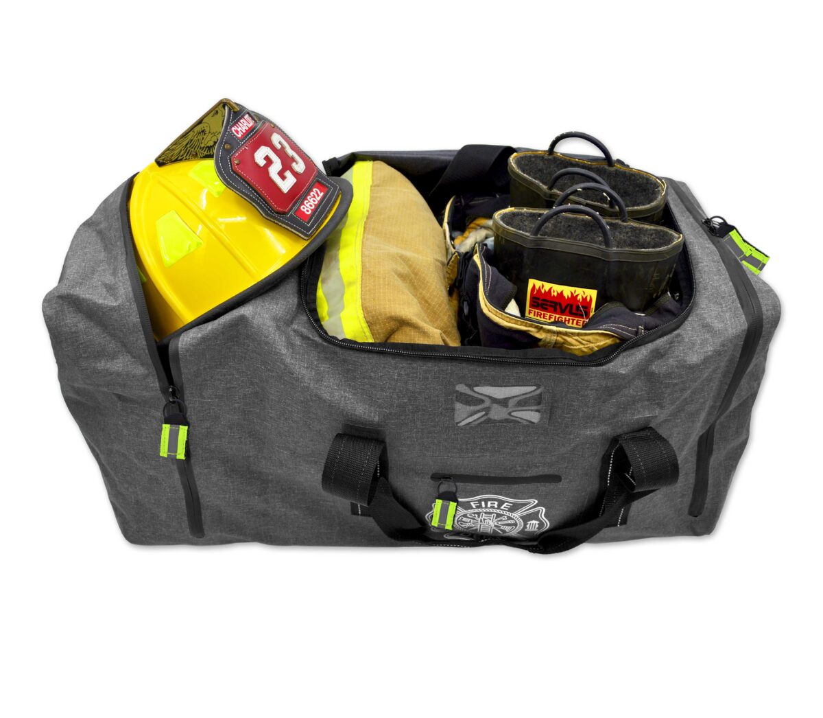 Open firefighter gear bag displaying its contents, including a yellow fire helmet with identification patches, a pair of black fire boots, and visible compartments, designed with reflective elements for safety, accessible for use by firefighters