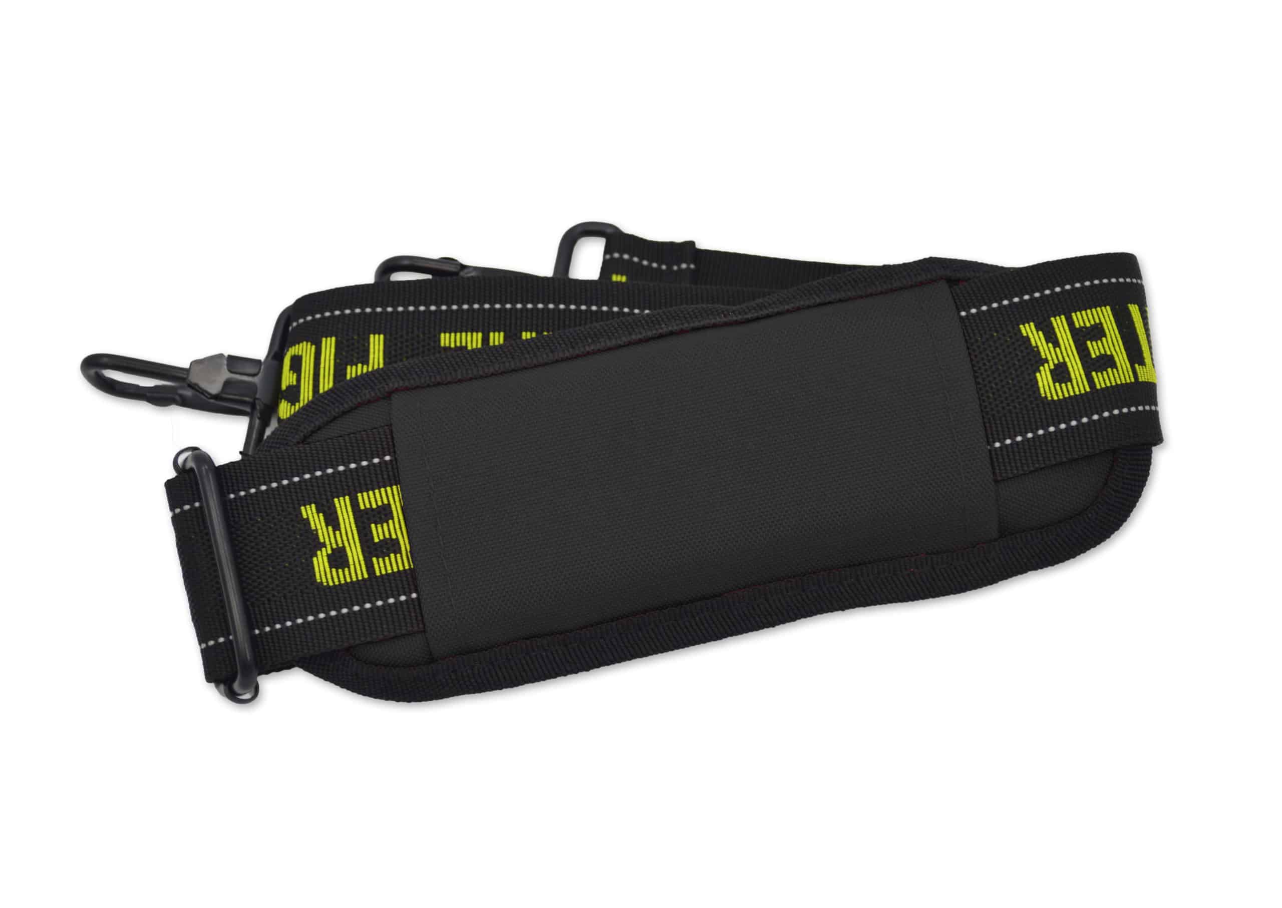 Black shoulder strap featuring FIREFIGHTER woven on a white background