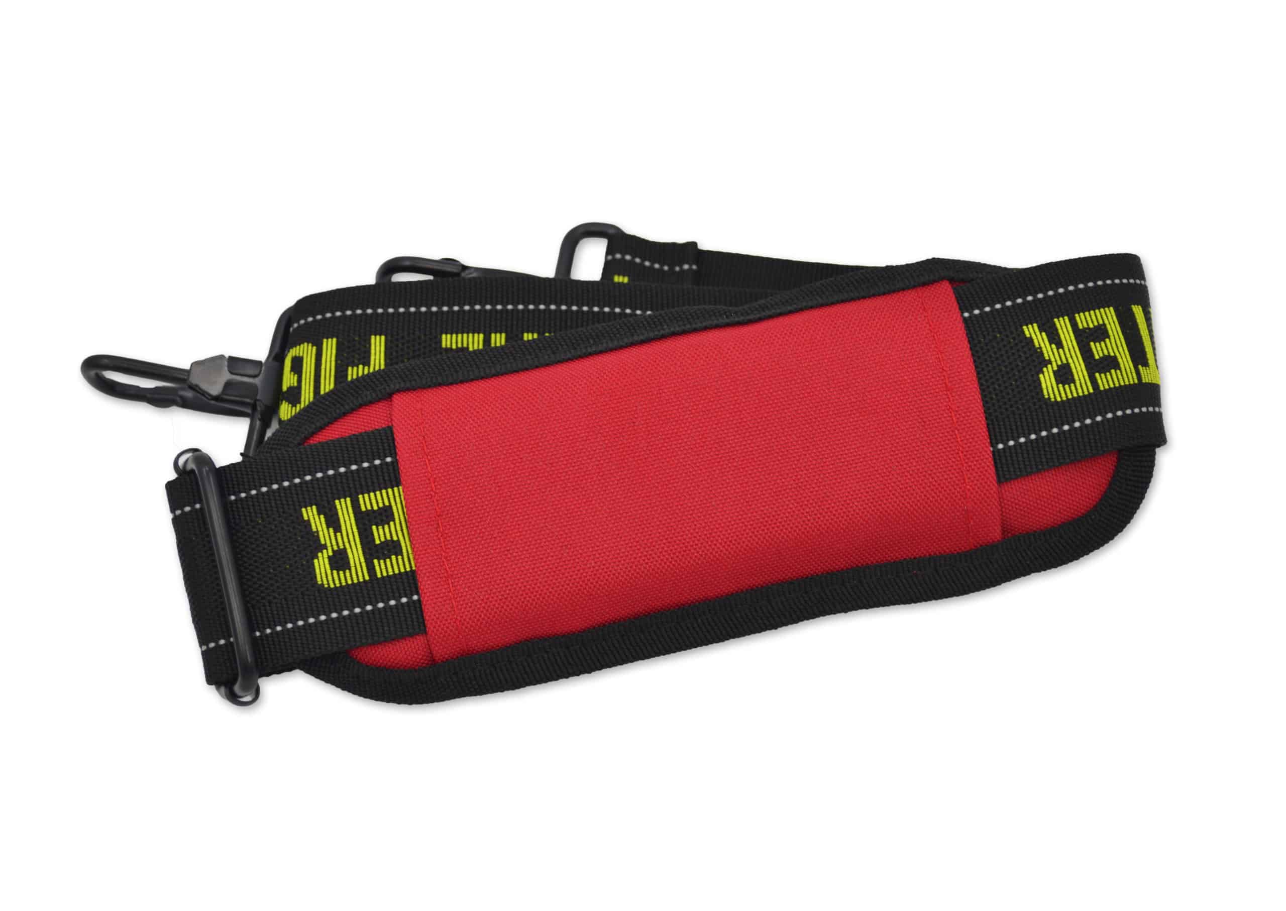 Red shoulder strap featuring FIREFIGHTER woven on a white background