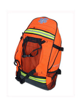 The image shows a orange backpack with reflective yellow stripes and a white medical cross symbol, indicating that it is likely designed for emergency medical services (EMS) or first aid use. The backpack seems to have multiple compartments and side pockets for organized storage, and it is equipped with padded shoulder straps for comfortable carrying. 