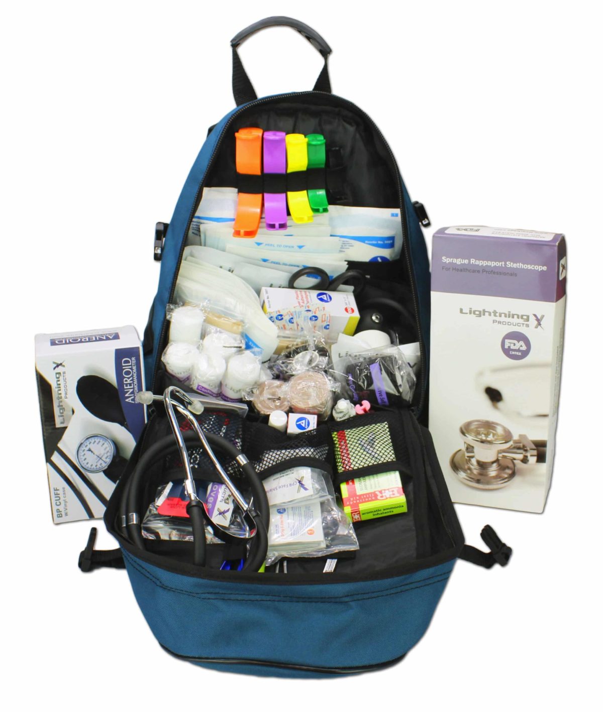 The uploaded image showcases the open Lightning X Special Events EMT First Responder Trauma Backpack, filled with organized medical supplies such as bandages, shears, a blood pressure cuff, a stethoscope, and other essential first aid items. It demonstrates the backpack's storage capacity and organizational features.