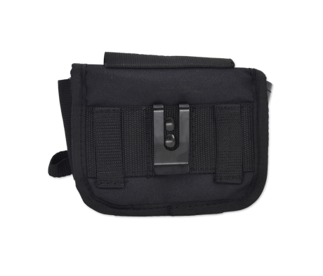the back of the Black nylon EMT hip/belt pouch with lime yellow/silver reflective stripes and Lightning X Products logo, multiple compartments, and attachment options.
