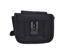 the back of the Black nylon EMT hip/belt pouch with lime yellow/silver reflective stripes and Lightning X Products logo, multiple compartments, and attachment options.