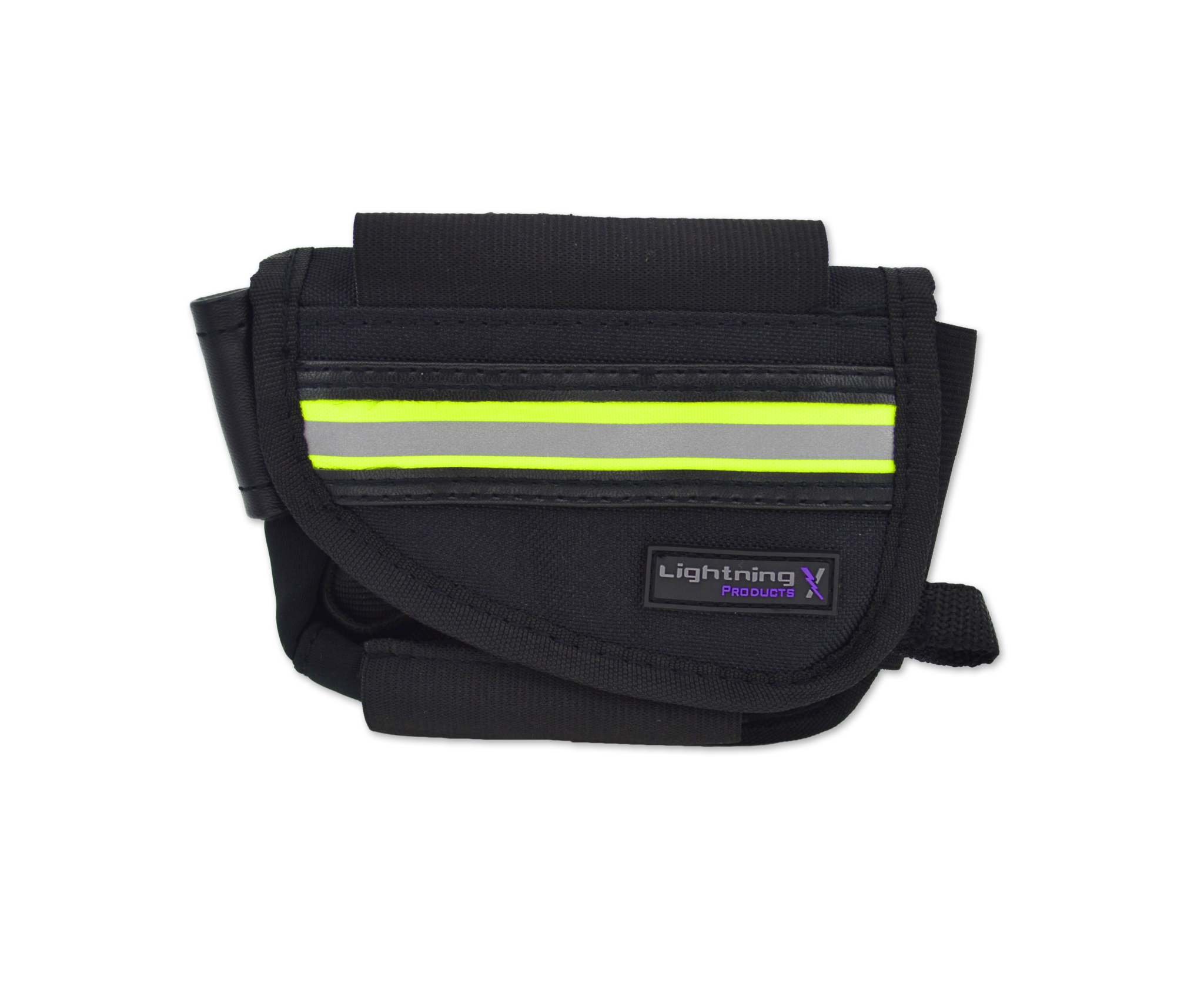 Black nylon EMT hip/belt pouch with lime yellow/silver reflective stripes and Lightning X Products logo, multiple compartments, and attachment options.