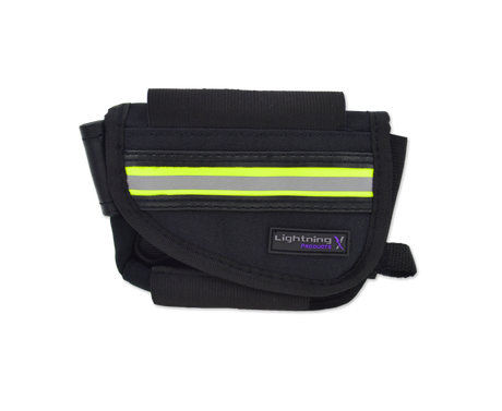 Black nylon EMT hip/belt pouch with lime yellow/silver reflective stripes and Lightning X Products logo, multiple compartments, and attachment options.