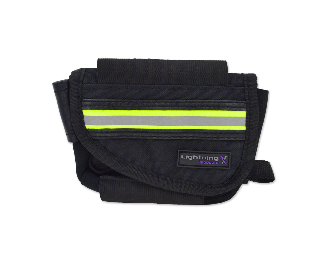 Black nylon EMT hip/belt pouch with lime yellow/silver reflective stripes and Lightning X Products logo, multiple compartments, and attachment options.