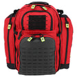 Red and black backpack with tactical design on a white background