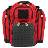 Red and black backpack with tactical design on a white background