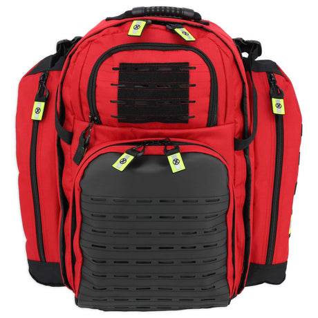 Red and black backpack with tactical design on a white background