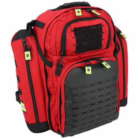 Red and black tactical backpack on a white background