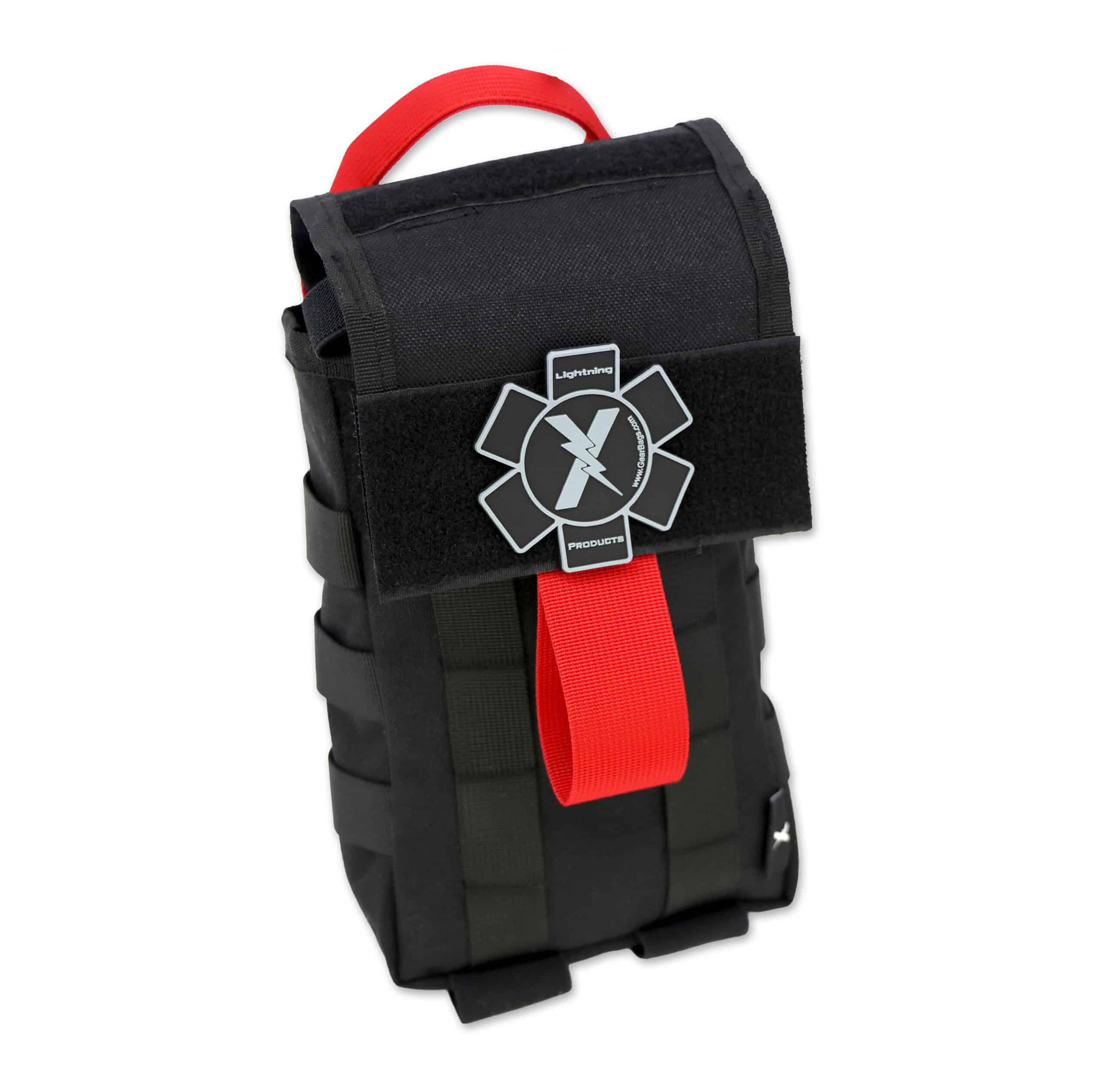 Black Lightning X tactical IFAK pouch with red quick-access pull strap and removable Star of Life patch, MOLLE compatible for emergency response gear.