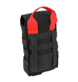 Rear view of black tactical IFAK pouch with MOLLE straps and red pull handle for easy attachment to gear or vests.