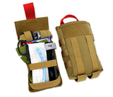 Open and closed views of tan tactical IFAK pouch with trauma supplies including shears, tourniquet, and airway device.