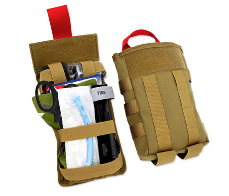 Open and closed views of tan tactical IFAK pouch with trauma supplies including shears, tourniquet, and airway device.