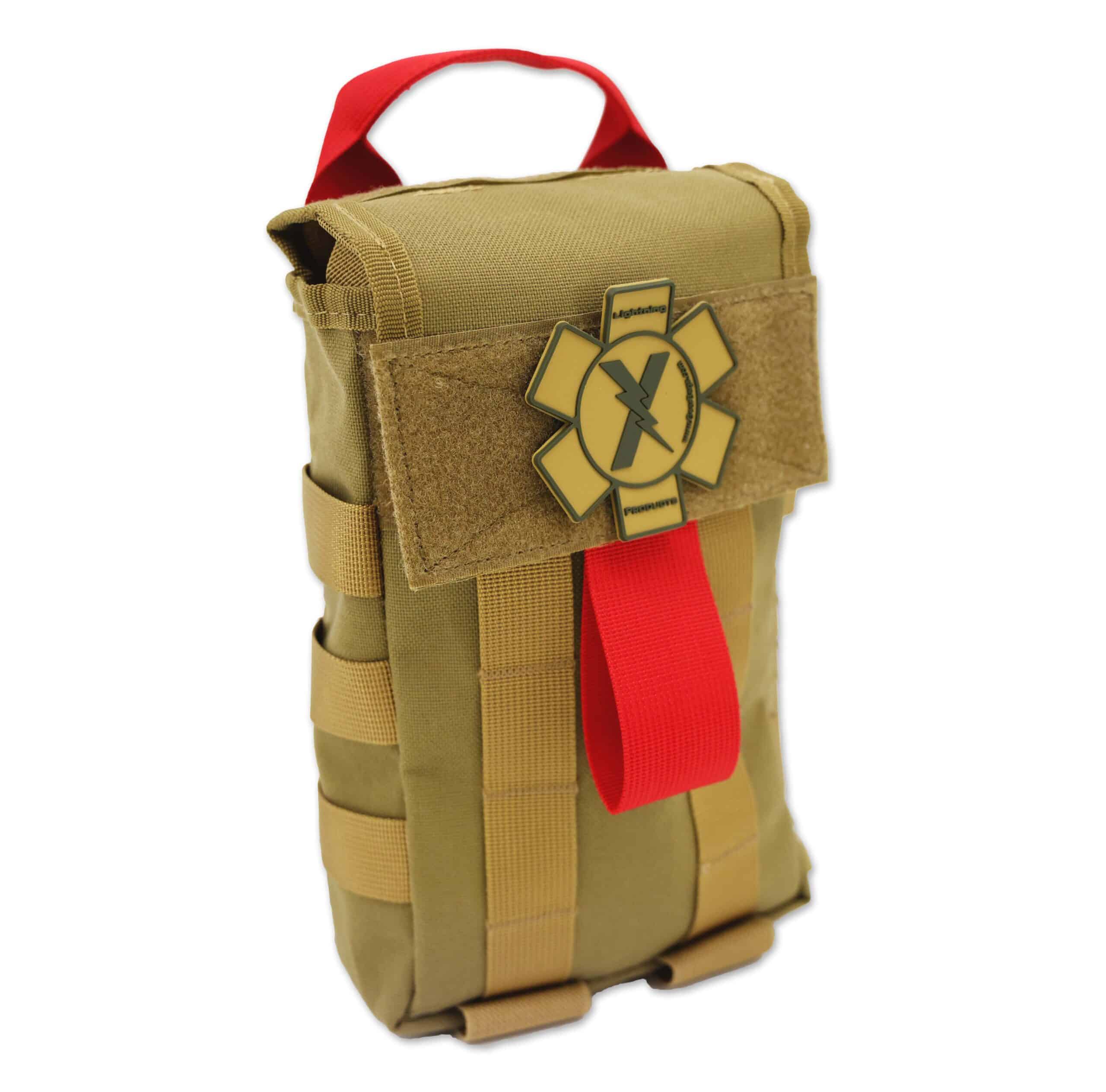Tan Lightning X tactical IFAK pouch with red quick-access pull strap and removable Star of Life patch, MOLLE compatible for emergency response gear.