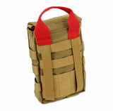 Rear view of tan tactical IFAK pouch with MOLLE straps and red pull handle for easy attachment to gear or vests.
