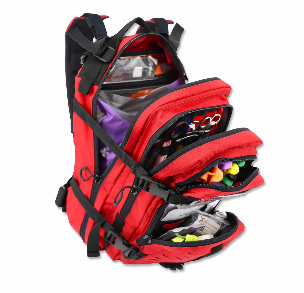 Red backpack with various items inside on a white background