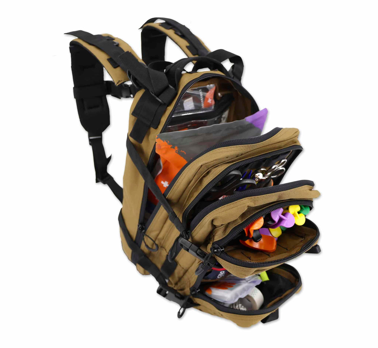 Multicolored backpack with various items on a white background