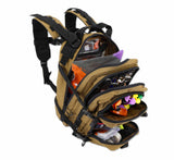 Multicolored backpack with various items on a white background