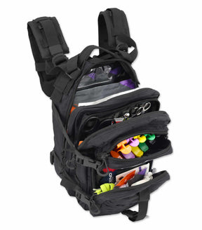 Black tactical backpack with various compartments on a white background