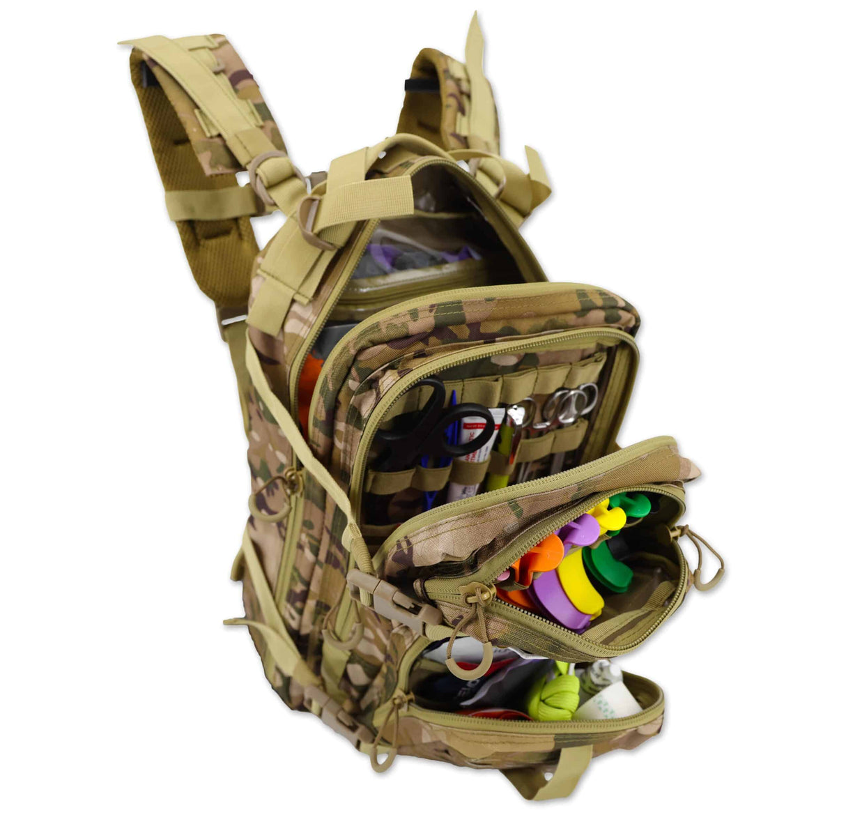 Camouflage backpack with various fishing gear items on a white background