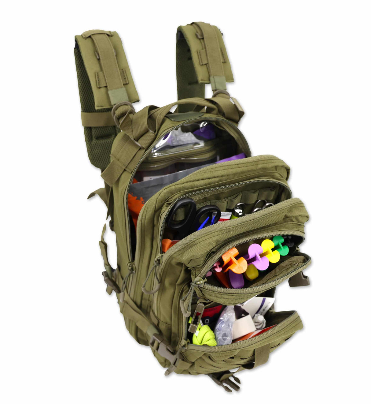 Olive green tactical backpack with various items on a white background