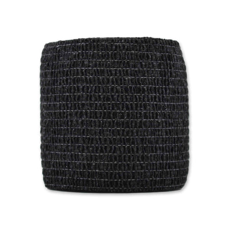 Black woven bandage roll on a white background