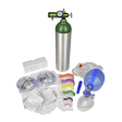 An image displaying the Lightning X Oxygen/Airway Fill Kit E, including an aluminum oxygen cylinder, an oxygen regulator, an AMBU bag, non-rebreather masks, nasal cannula tubing, and a Berman Airway Kit.