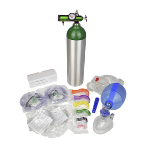 An image displaying the Lightning X Oxygen/Airway Fill Kit E, including an aluminum oxygen cylinder, an oxygen regulator, an AMBU bag, non-rebreather masks, nasal cannula tubing, and a Berman Airway Kit.