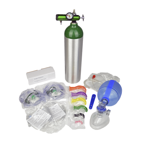 An image displaying the Lightning X Oxygen/Airway Fill Kit E, including an aluminum oxygen cylinder, an oxygen regulator, an AMBU bag, non-rebreather masks, nasal cannula tubing, and a Berman Airway Kit.