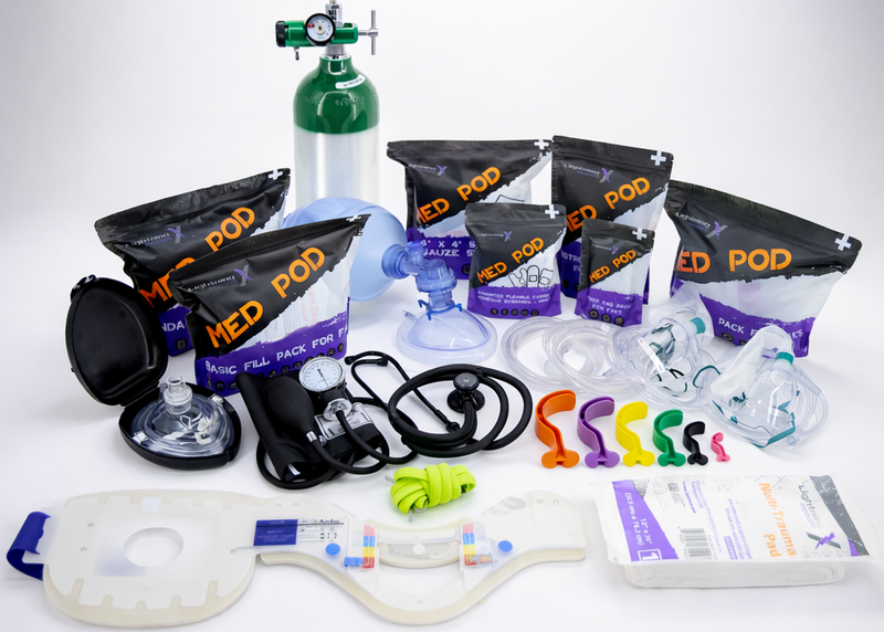 Medical equipment including an oxygen tank, masks, and other supplies on a white background