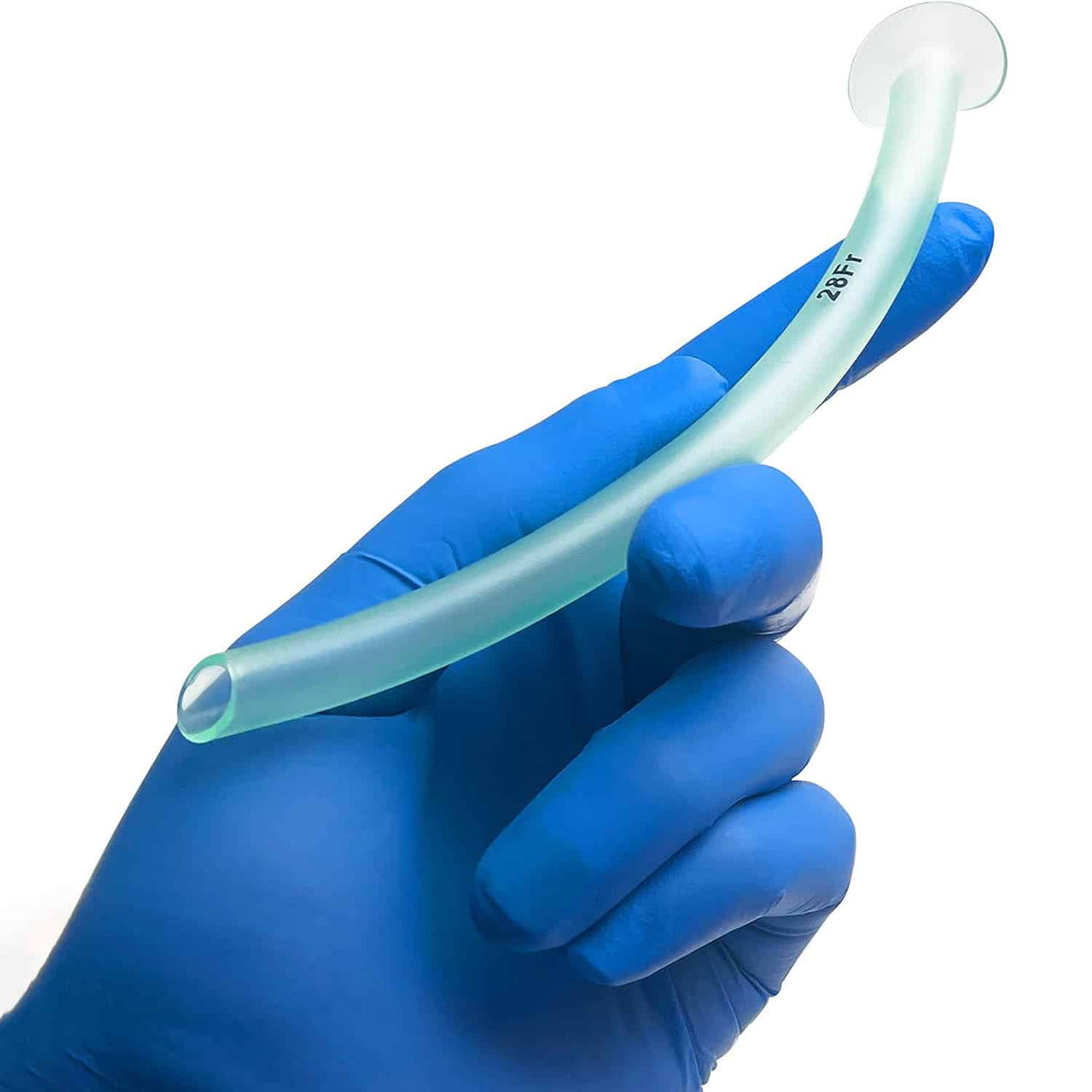 hand wearing a blue glove holding a Nasal Airway tube