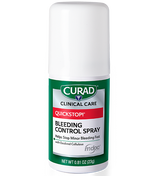 Product image of CURAD QuickStop! Bleeding Control Spray bottle, white with a green label stating it helps stop minor bleeding quickly with oxidized cellulose, net weight 0.81 oz (23g)