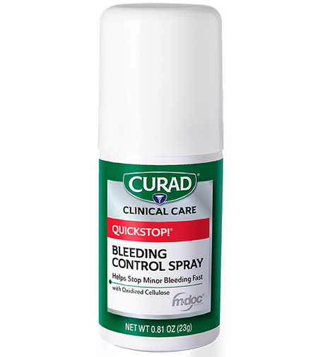 Product image of CURAD QuickStop! Bleeding Control Spray bottle, white with a green label stating it helps stop minor bleeding quickly with oxidized cellulose, net weight 0.81 oz (23g)