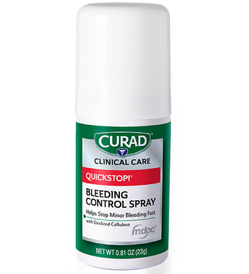 Product image of CURAD QuickStop! Bleeding Control Spray bottle, white with a green label stating it helps stop minor bleeding quickly with oxidized cellulose, net weight 0.81 oz (23g)