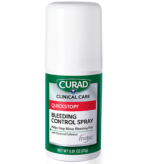 Product image of CURAD QuickStop! Bleeding Control Spray bottle, white with a green label stating it helps stop minor bleeding quickly with oxidized cellulose, net weight 0.81 oz (23g)