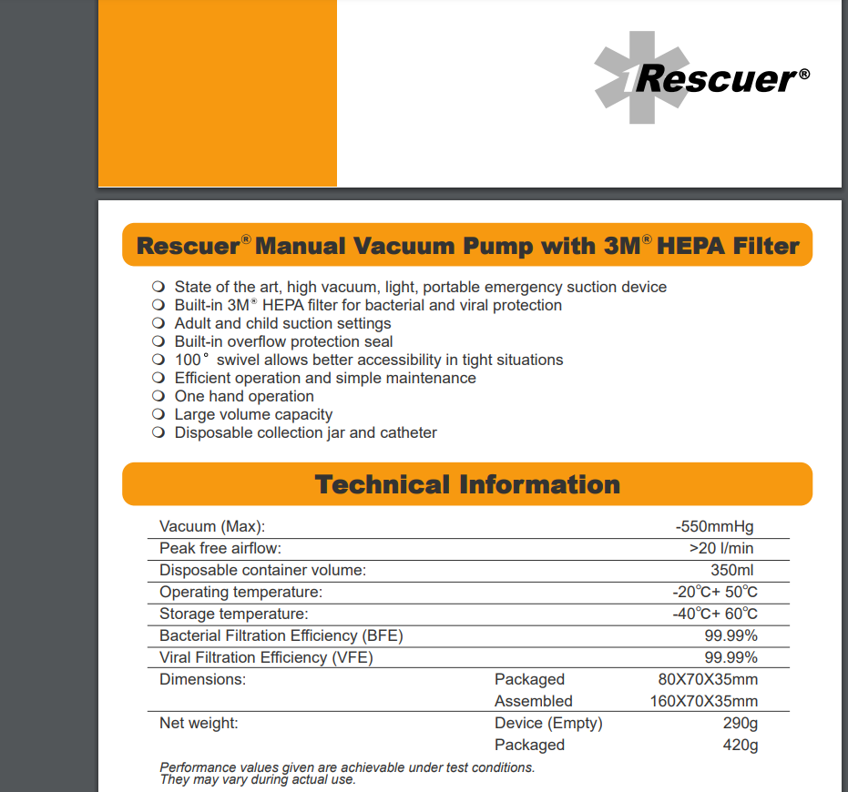 Rescuer Manual Suction Pump with 3M HEPA Filter - SERVOXY INC