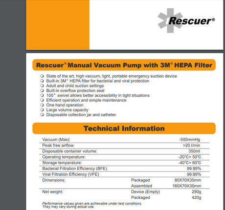 Rescuer Manual Suction Pump with 3M HEPA Filter - SERVOXY INC
