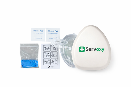 Servoxy cpr pocket mask with alcohol pads and gloves on a white background with instructions.