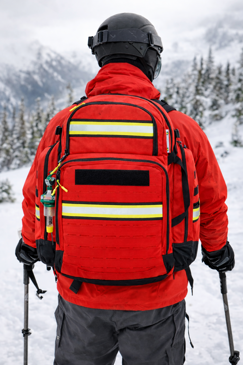 Person in red jacket and black helmet with a large red backpack in a snowy landscape