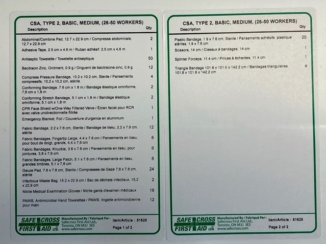 First Aid Kit, CSA Type 2 Low-Risk Environment, Medium (26-50 Workers), Plastic Box - SERVOXY INC